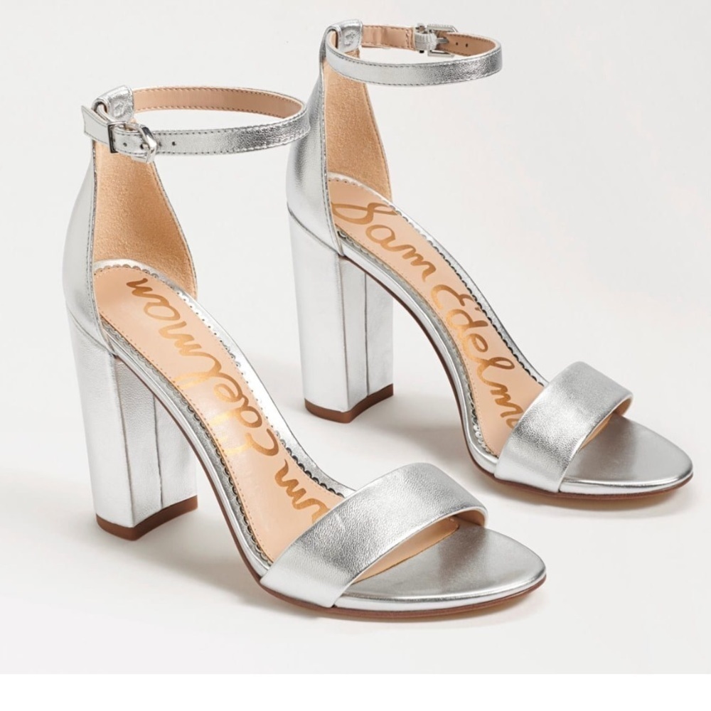 Sam Edelman Yaro silver leather ankle‎ strap block heel sandals Sz 10 new